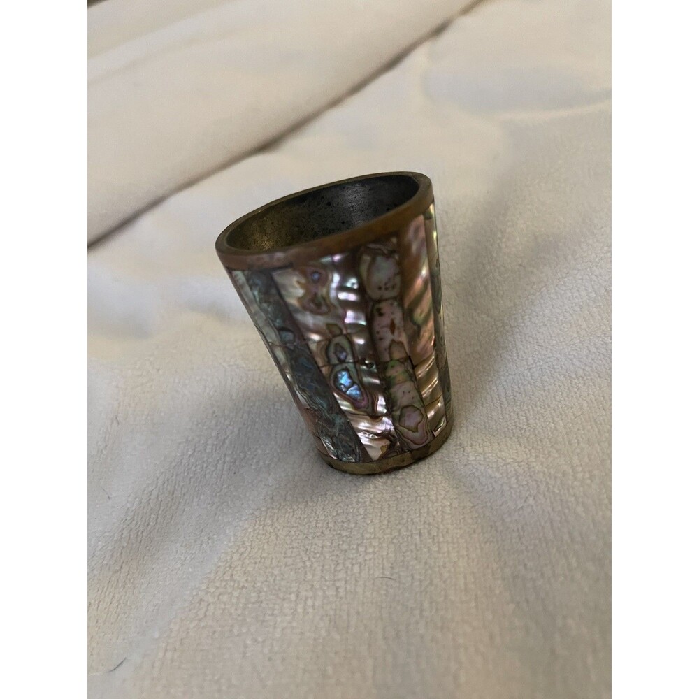 Vintage Brass and Abalone Barrel Shaped Shell Shot Glass Made in Mexico